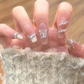 Nude Ombre Medium Coffin Cat Eye French Tip Sparkling Rhinestone  Press on Nails